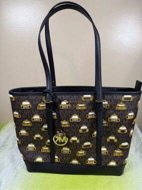 Michael Kors Brown Monogram Tote with Yellow Taxi Print and Black Trim